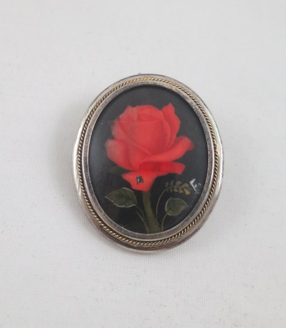 800  Silver Hand Painted Red Rose Oval Pendant or… - image 4