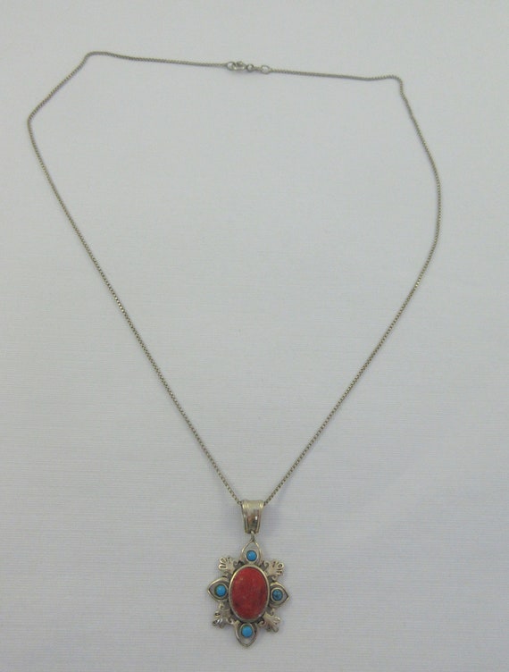 Sterling Silver Dyed Faux Coral Turquoise Floral … - image 3
