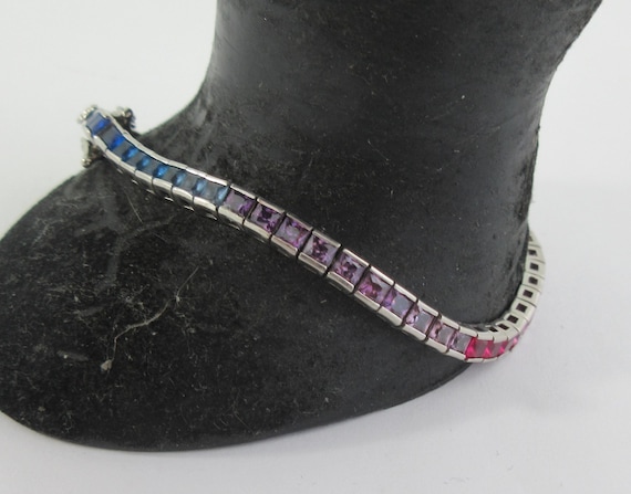Signed Jacmel Mauritius (JCM) Sterling Silver Rainbow Rhinestone Tennis Bracelet