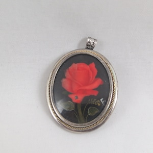 800  Silver Hand Painted Red Rose Oval Pendant or Brooch