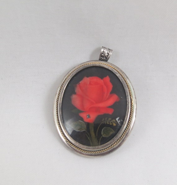 800  Silver Hand Painted Red Rose Oval Pendant or… - image 1