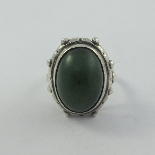 ORNO Poland Mid Century Sterling Silver Dark Green Stone Ring - Size 8.25