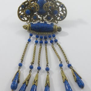 Neiger Gold Tone Blue Peking Glass Floral Dangle Brooch- As it is
