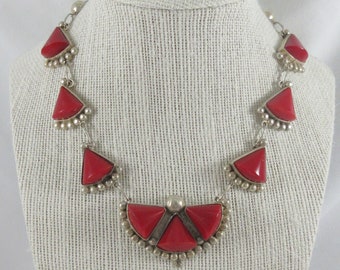 Mexico Sterling Silver Red Glass Geometric Choker Necklace- As it is