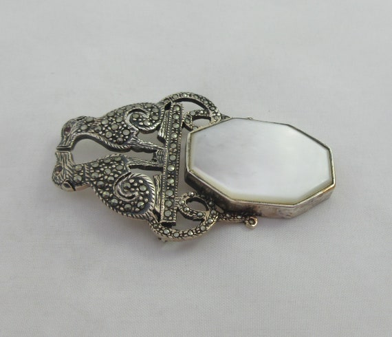 Art Deco Sterling Silver Marcasite Mother of Pear… - image 4