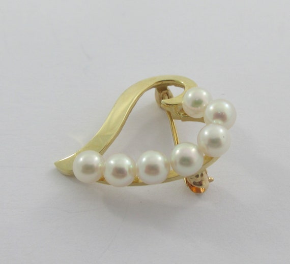 14k Yellow Gold Open Heart Pearls Brooch - image 5