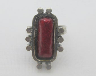 Modernist Sterling Silver Red Enamel Adjustable Ring- Currently size 6