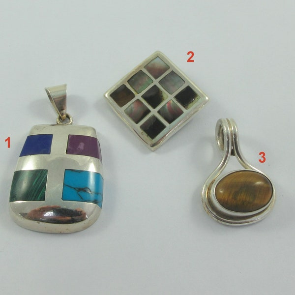 Pick your favorite ! Mexico Sterling Silver Abalone Malachite Sodalite Tiger Eye Pendants