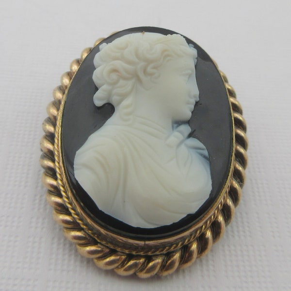 Gold Filled Black White Hardstone Onyx Cameo Brooch