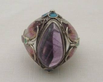 Large Chinese Export Sterling Silver Amethyst Enameled Butterfly Ring - size 7.25