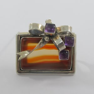 Sterling Silver Banded Agate Amethyst Bo Brooch or Pendant