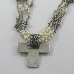 Silpada Sterling Silber Floral Kreuz Anhänger m. Multi Strang Sterling Silber Perle Reis Halskette