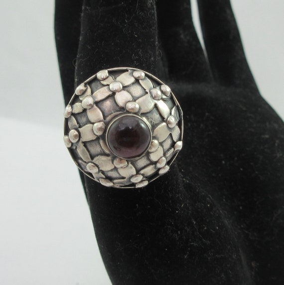 Statement Dome Sterling Silver Garnet Floral Ring… - image 1