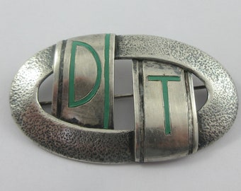 Modernist Sterling Silver Green Enamel DT  Monogram Brooch