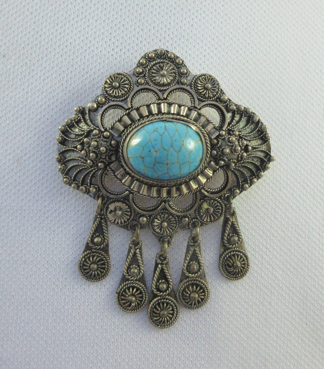 Broche ancienne dorée cabochon turquoise et perles - jewlery vintage