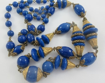 Uncleaned Neiger Gold Tone Filigree Beads Blue Speckled Glass Necklace- No clasp