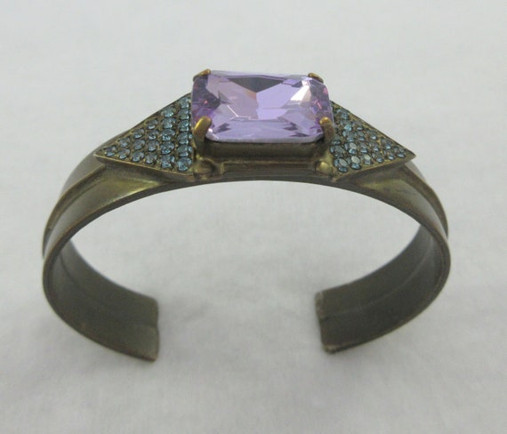 Signed Sorrelli Purple Glass Blue Rhinestone Cuff… - image 6