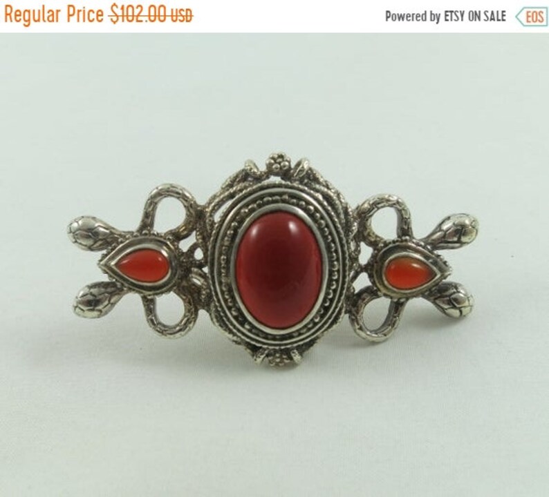 CHRISTMAS SALE Large Sterling Silver Snake Carnelian Brooch