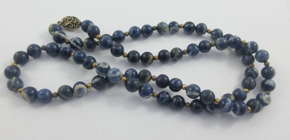 Sodalite Blue Stone Gold Tone Beads Necklace w. S… - image 5