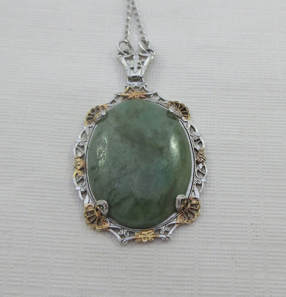 Sterling Silver Art Deco Green Stone Chrysoprase … - image 1