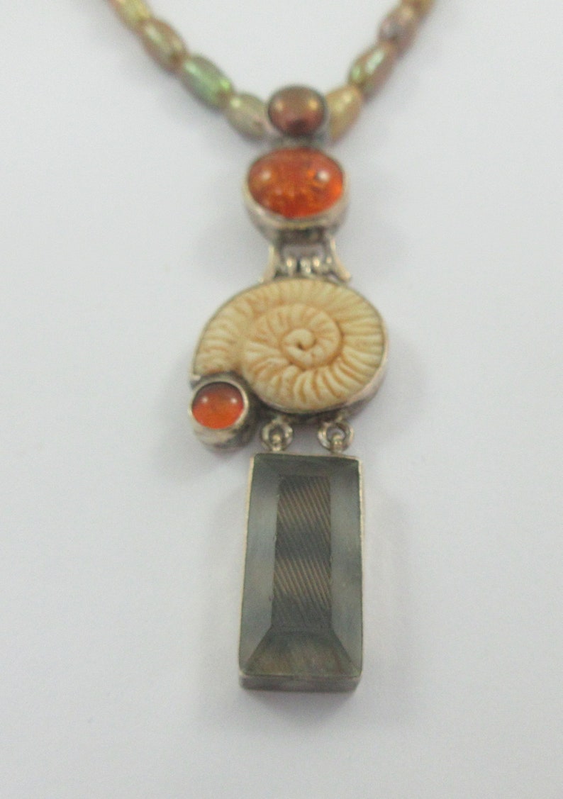 Janice Lee Ripley Camenae Sterling Silver Shell Amber Glass Pendant w. Cultured Pearl Necklace image 1