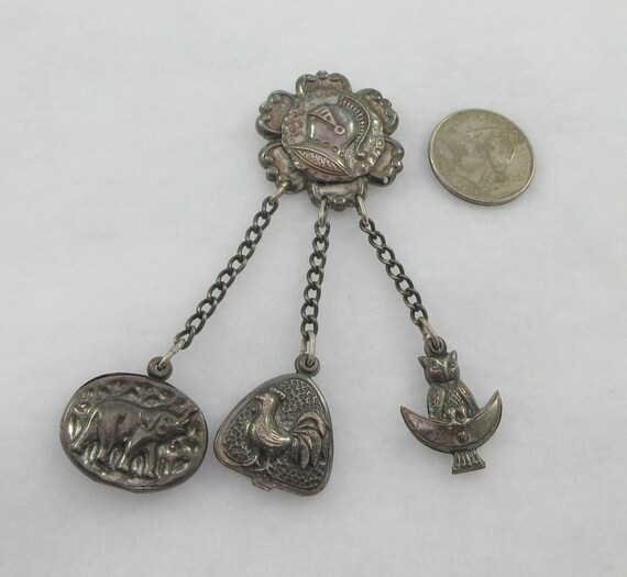 Signed JERAY Silver Tone Chatelain Style Owl Roos… - image 2