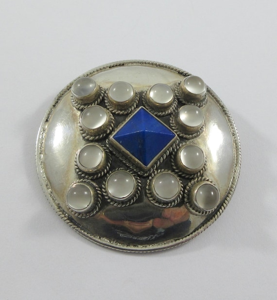 Round Sterling Silver Lapis Lazuli Moonstone Brooch