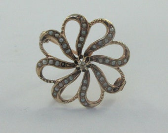 Antique 10k Gold Seed Pearls Diamond Floral Brooch or Pendant - As it is