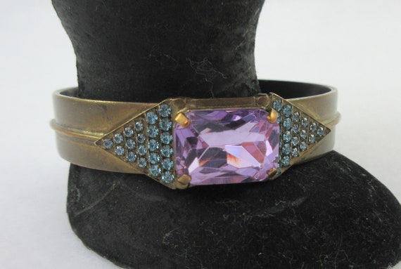 Signed Sorrelli Purple Glass Blue Rhinestone Cuff… - image 4