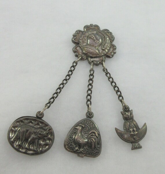 Signed JERAY Silver Tone Chatelain Style Owl Roos… - image 5