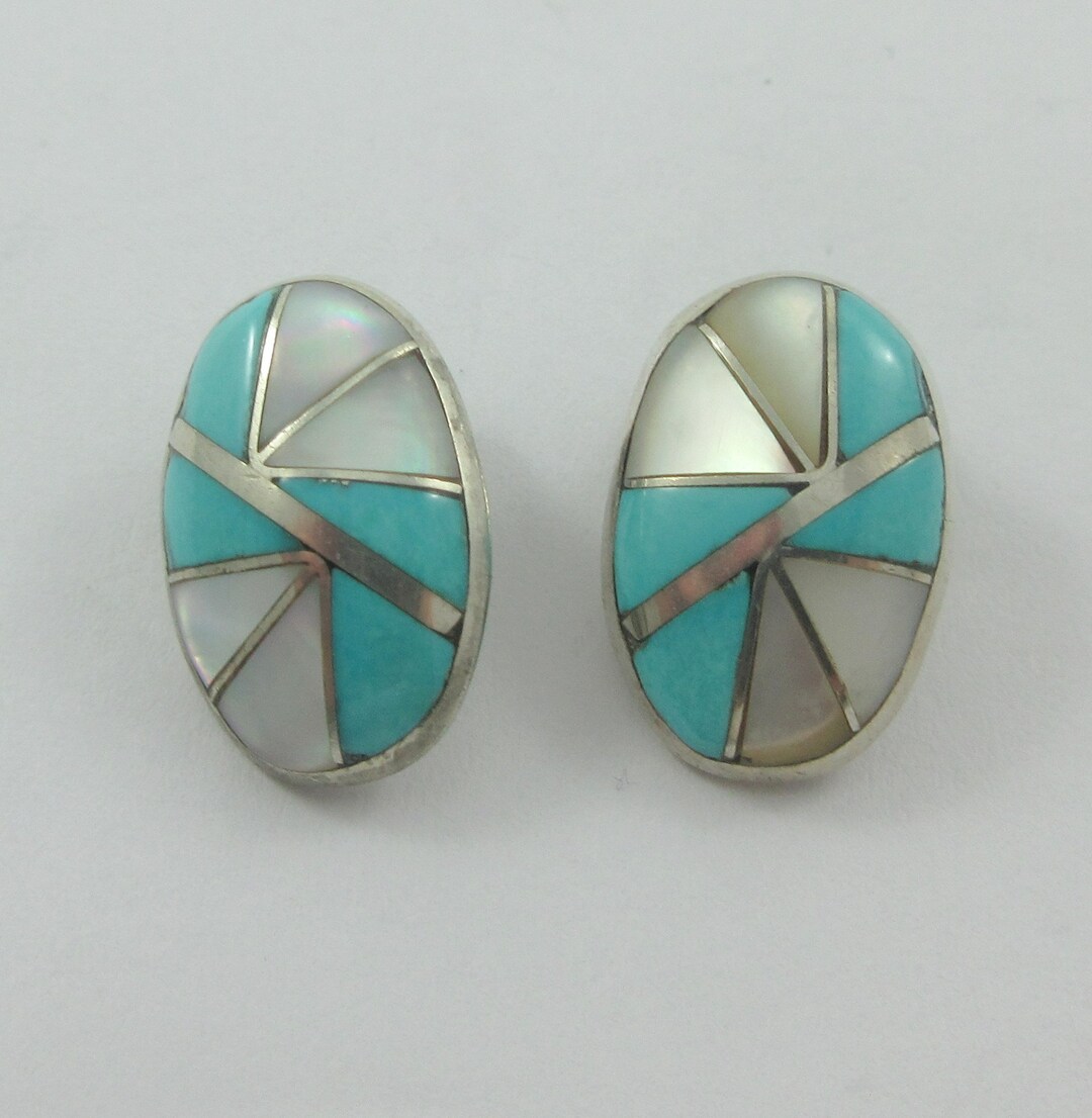 Native American KEK Sterling Silver Mother of Pearl Turquoise Inlay ...