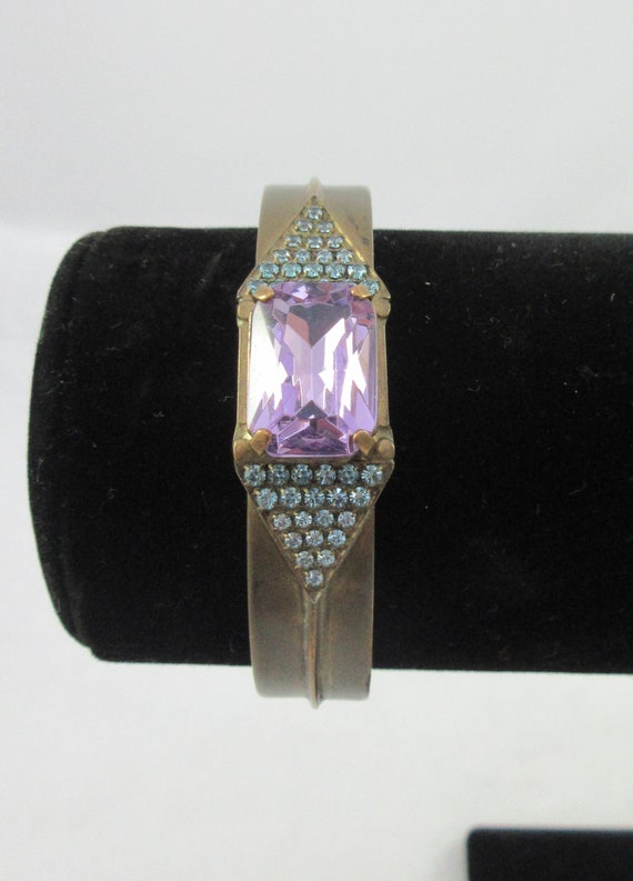 Signed Sorrelli Purple Glass Blue Rhinestone Cuff… - image 7