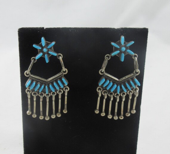 Zuni Sterling Silver Floral Turquoise Stud Dangle Earrings View 5