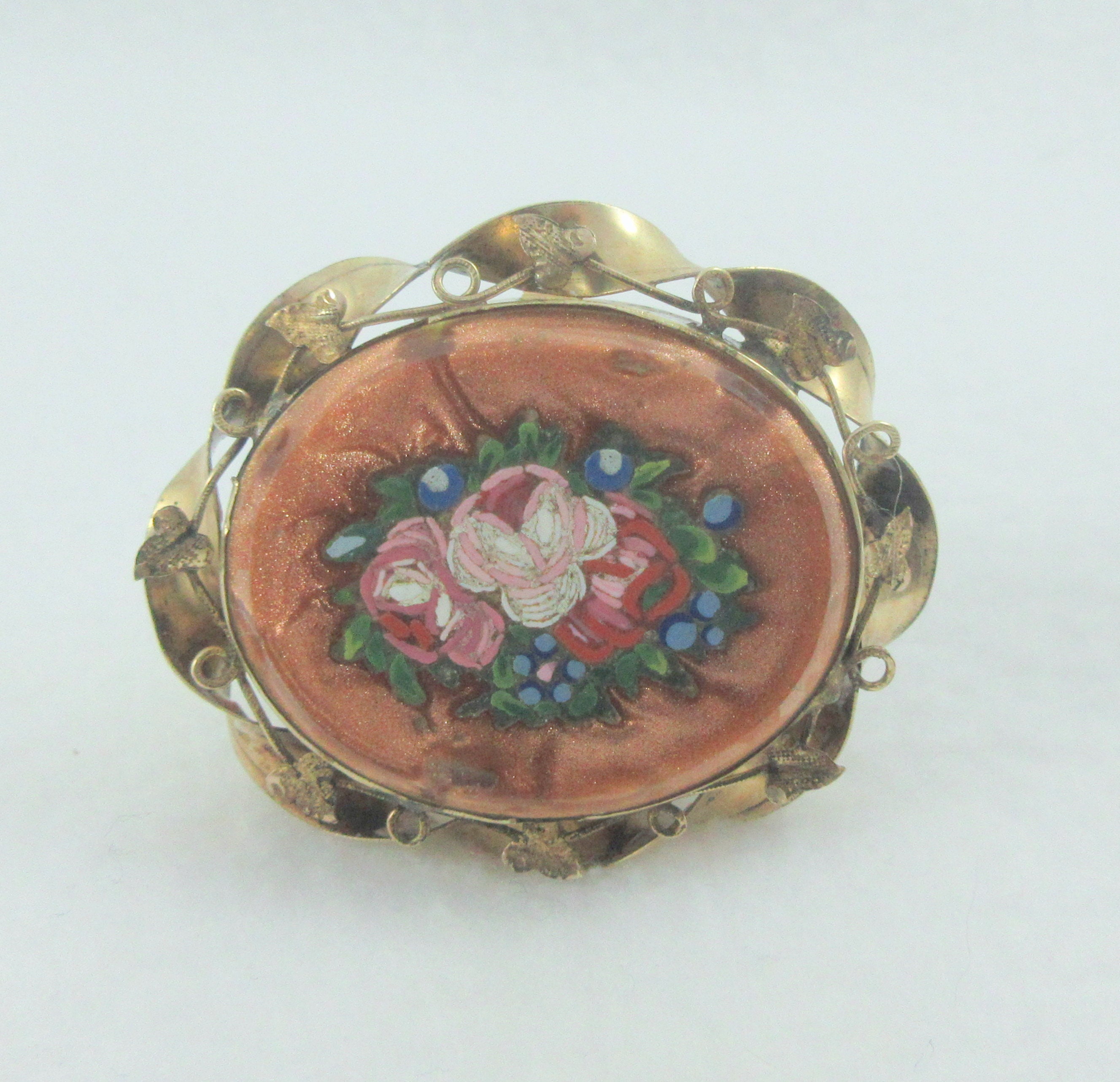 Broche Micromosaïque Art Nouveau Floral Sur Laiton - Occasion, Vintage, 28x28mm