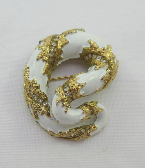 Signed Jomaz Gold Tone White Enamel Rhinestone Ab… - image 3