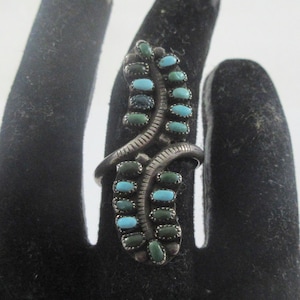 Long Sterling Silver Petit Point Turquoise  Ring- size 5.75- As it is