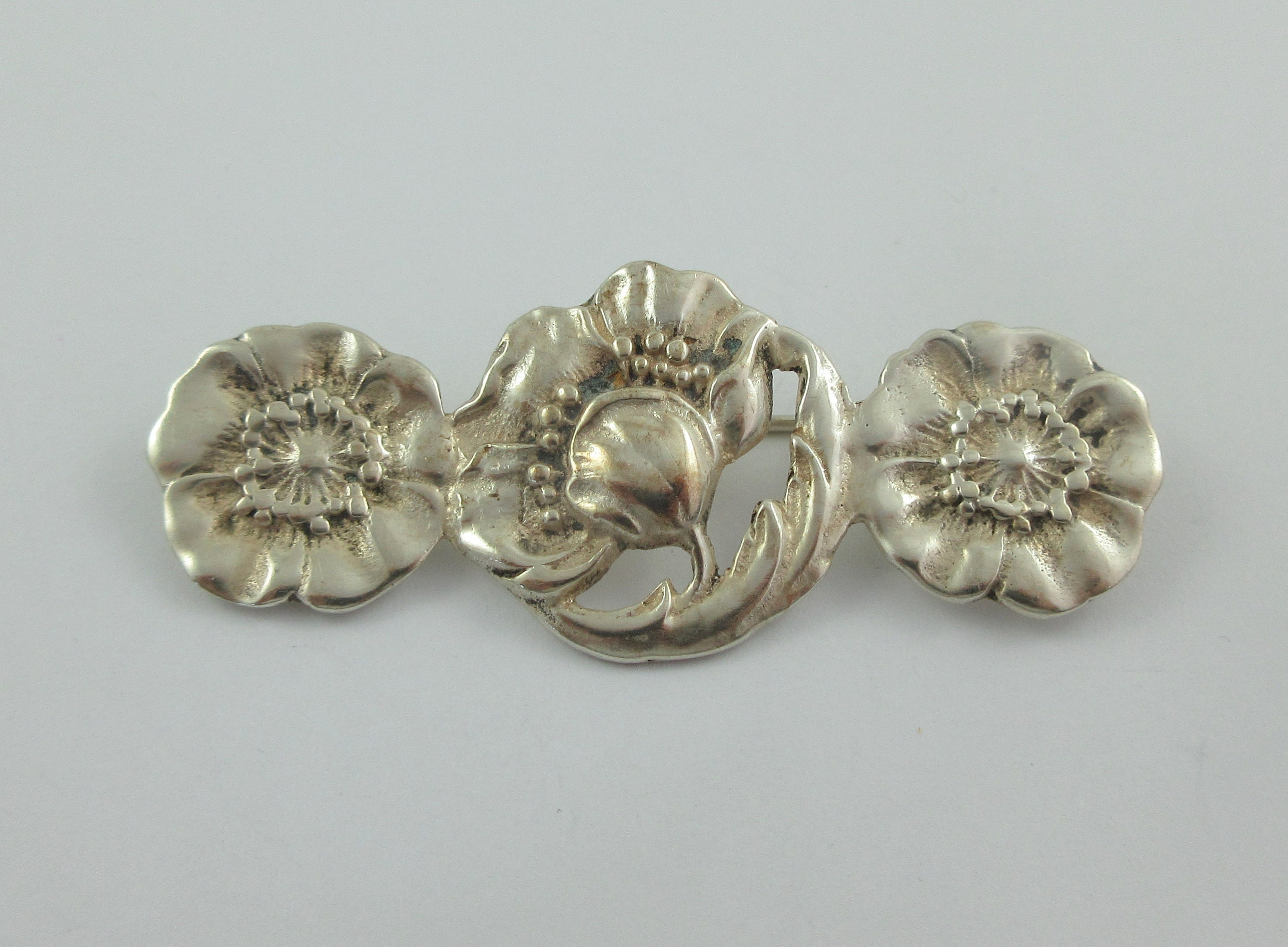 Broche Art Nouveau En Argent Sterling Et œil De Tigre - Forme Trois Fleurs, Vintage