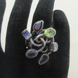 Sterling Silver Multi Stone Garnet Peridot Moonstone Amethyst Floral Ring- Size 7