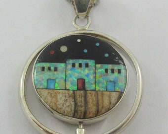 Sterling Silver Spinning Inlay Pendant w. Sterling Silver Chain