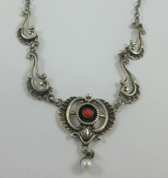 Antique Art Nouveau Sterling Silver Coral Pearl D… - image 1