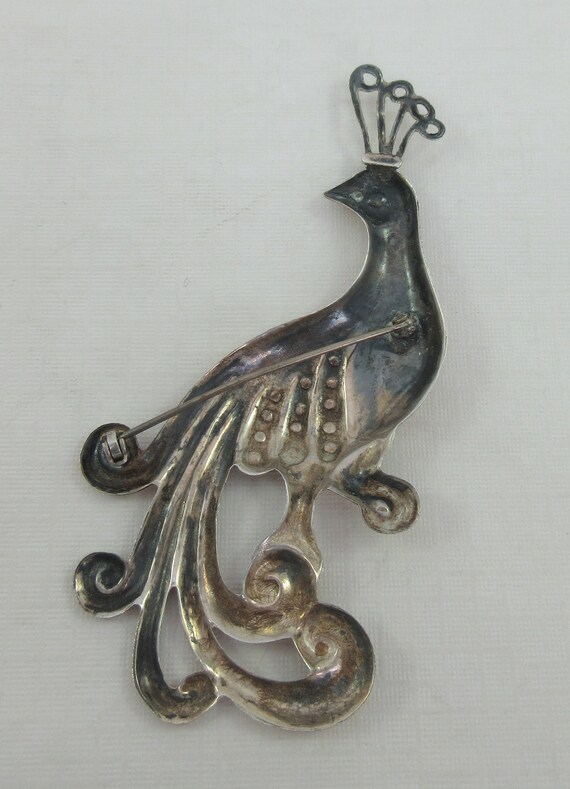 Large Sterling Silver Repousse Peacock Brooch - image 7