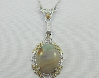 Clark & Coombs Sterling Silver Art Deco  Banded Agate Stone Pendant Necklace