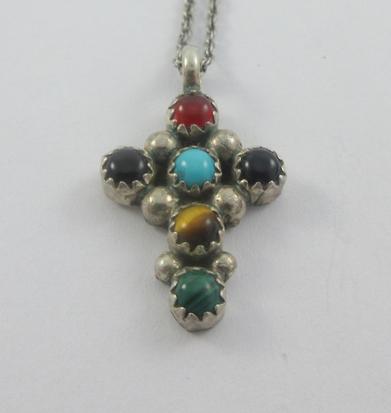 Glorious Vintage Native American Navajo Mexican Multi Stone Sterling Silver Cross Earrings Glorious Vintage Native American Navajo Mexican Multi Stone Sterling Silver Cross Earrings