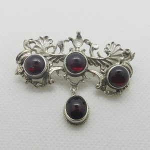 Sterling Silver Floral Garnet Dangle Brooch- Trombone Clasp