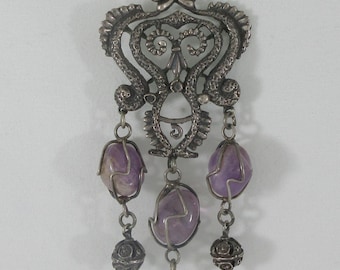 Art Nouveau Style Sterling Silver Amethyst Dangle Pendant w. Sterling Chain