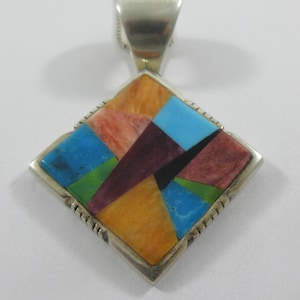 Southwestern Sterling Silver Multi Stone Inlay Geometric Pendant w. Sterling Chain