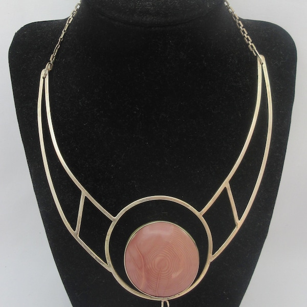 Modernist Sterling Silver Open Pink Stone Rhodochrosite  Choker Necklace- As it is