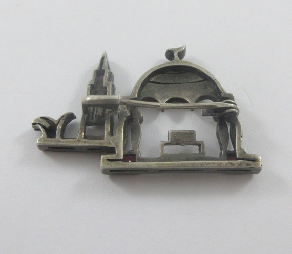 Sterling Silver Marcasite Red Glass Mosque Brooch - image 7
