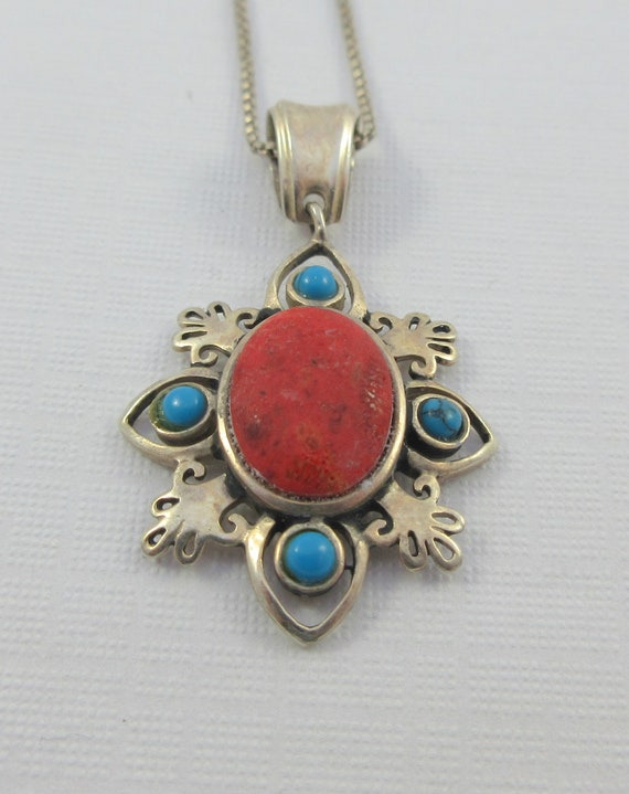 Sterling Silver Dyed Faux Coral Turquoise Floral … - image 5