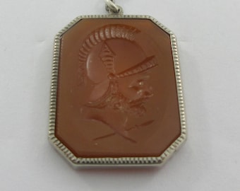 Art Deco Sterling Silver Glass Warrior Cameo Pendant Necklace Choker